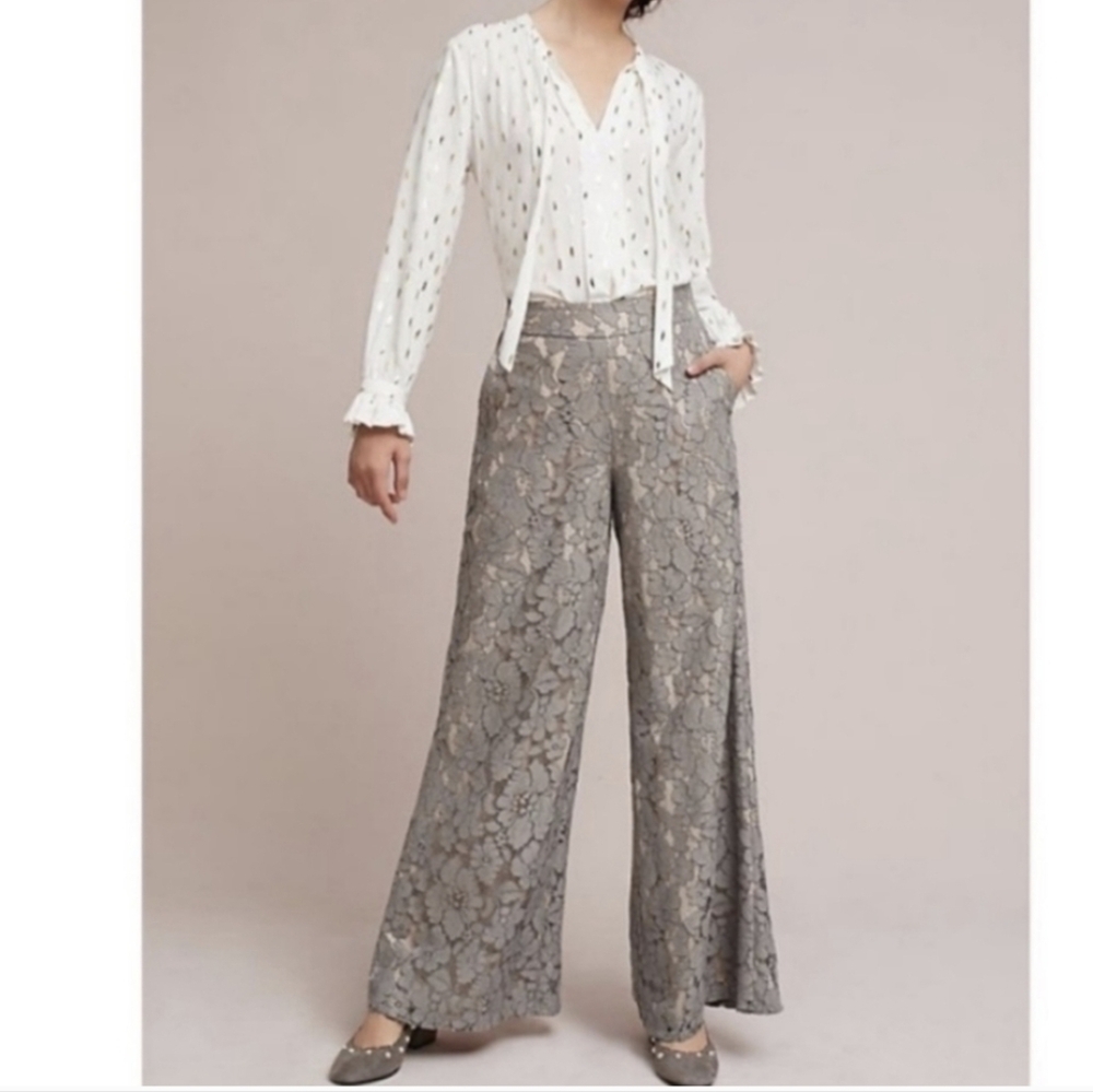 Anthropologie Heather Bone Grey Lace Wide Leg Pants‎ Pull On